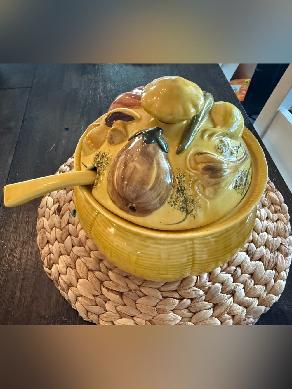 Yellow Ceramic Fruit Design Soup Tureen with Ladle